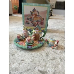 Vintage Miniature Tea Set Bunny Rabbit 10pcs Resin W/ Plate‎